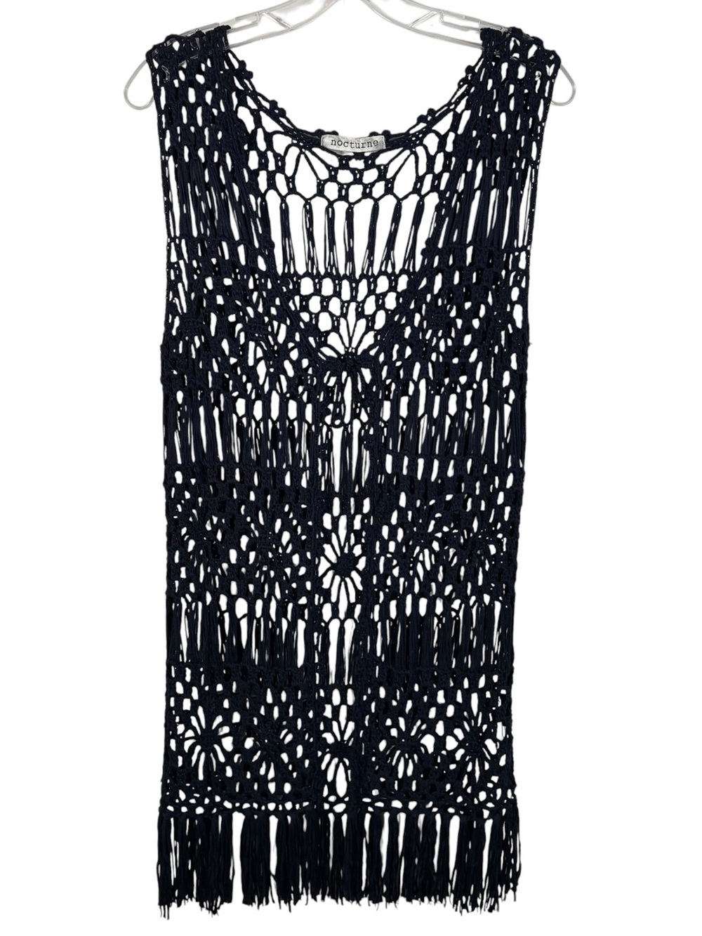 Vintage Y2K Nocturne Navy Blue Open Knit Fringe Vest Sweater Festival Whimsigoth